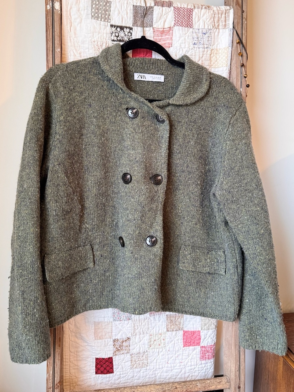 Zara Olive Green Double-Breasted Wool-Blend Pea Coat